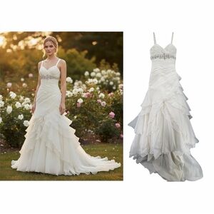 Demetrios Ivory Beaded Chiffon Wedding Gown Size 6 Lace-Up Back Train